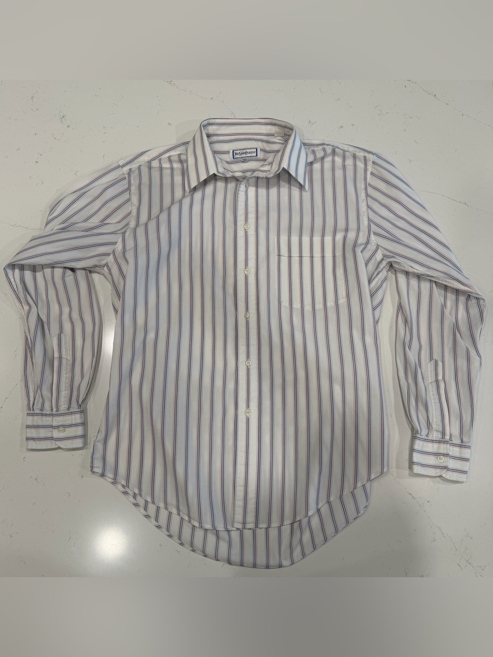 Yves Saint Laurent White Shirt with Blue, Pink, and Gray Stripes Medium